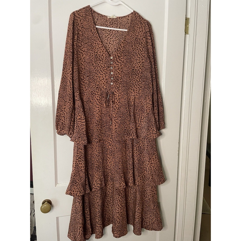 Mystree Women's Ruffle Tiered Animal Print‎ Long Sleeve Midi Dress Size M